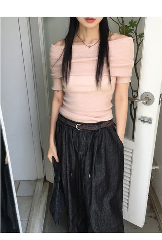 Tyson Wrinkled Off Shoulder Wool Short Sleeve Knitwear