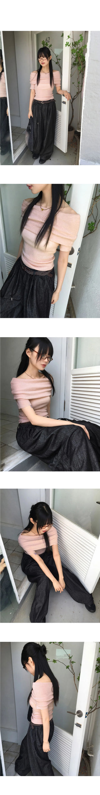 Tyson Wrinkled Off Shoulder Wool Short Sleeve Knitwear