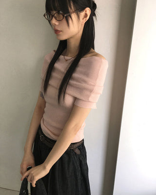 Tyson Wrinkled Off Shoulder Wool Short Sleeve Knitwear