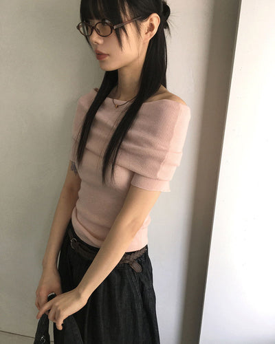 Tyson Wrinkled Off Shoulder Wool Short Sleeve Knitwear