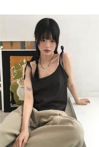 Infer Denim Ribbon String Layered Bustier Sleeveless top