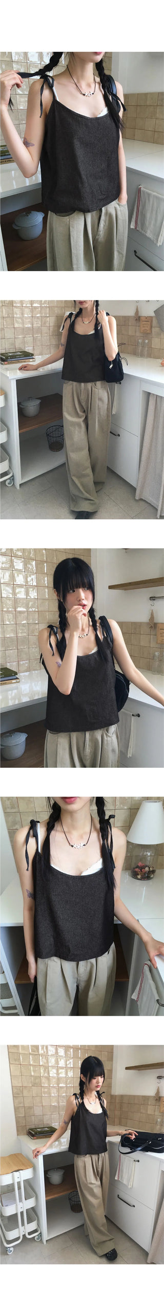 Infer Denim Ribbon String Layered Bustier Sleeveless top