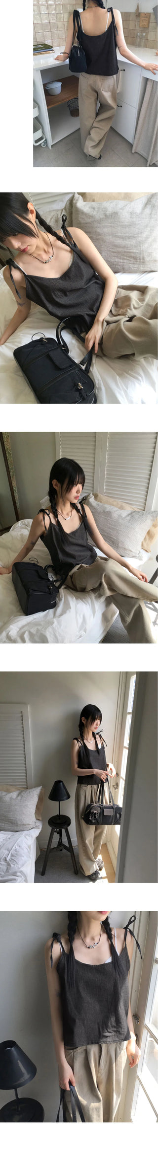 Infer Denim Ribbon String Layered Bustier Sleeveless top