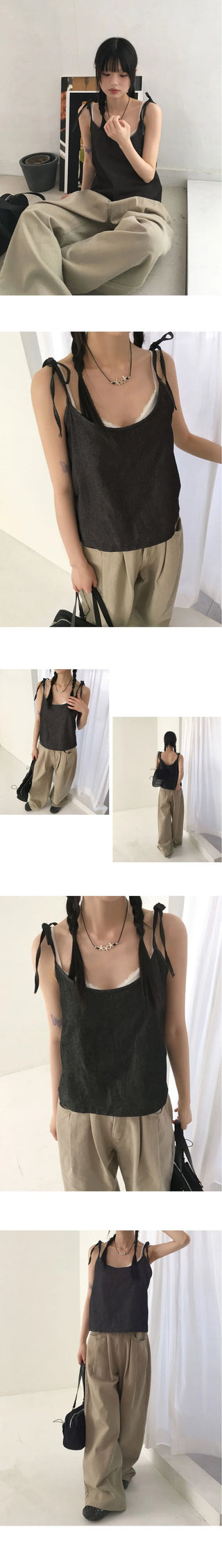 Infer Denim Ribbon String Layered Bustier Sleeveless top