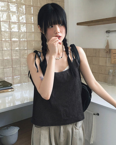 Infer Denim Ribbon String Layered Bustier Sleeveless top