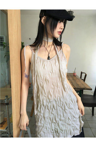 Lucing Wrinkle Ribbon Strap Sleeveless Dress