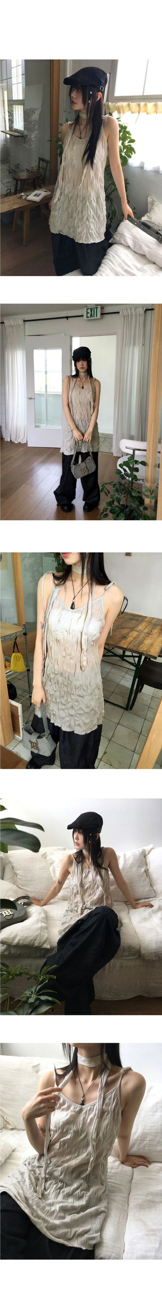 Lucing Wrinkle Ribbon Strap Sleeveless Dress