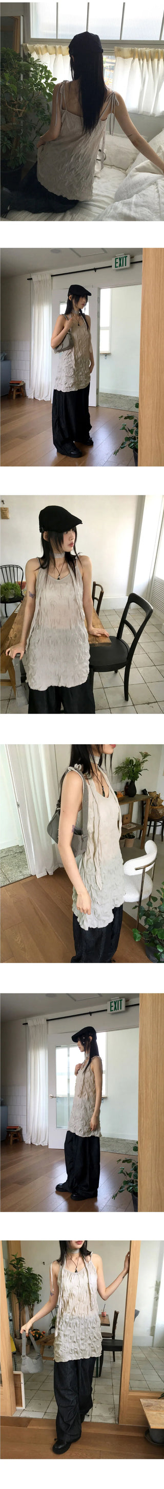 Lucing Wrinkle Ribbon Strap Sleeveless Dress