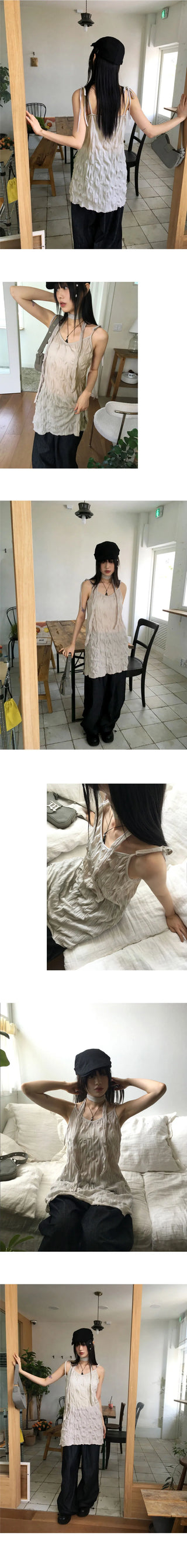 Lucing Wrinkle Ribbon Strap Sleeveless Dress