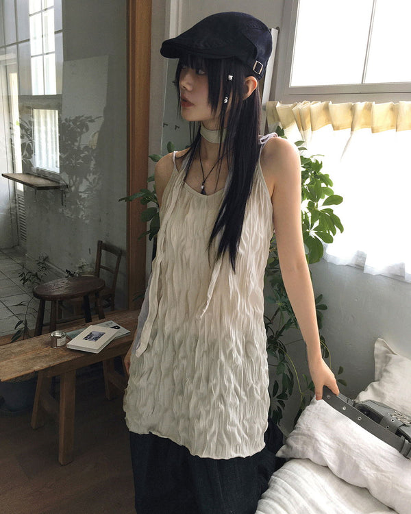 Lucing Wrinkle Ribbon Strap Sleeveless Dress