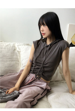 Lonz Shirring String Crop Hooded Sleeveless Vest