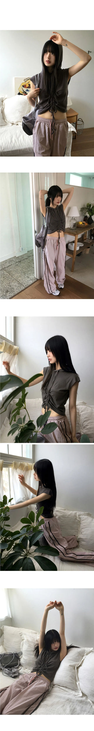 Lonz Shirring String Crop Hooded Sleeveless Vest