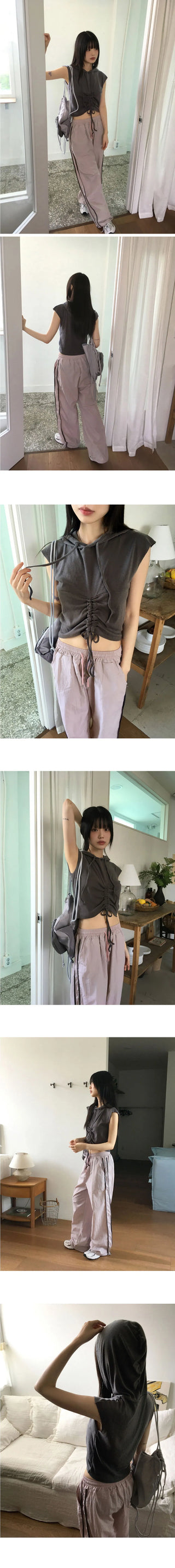 Lonz Shirring String Crop Hooded Sleeveless Vest