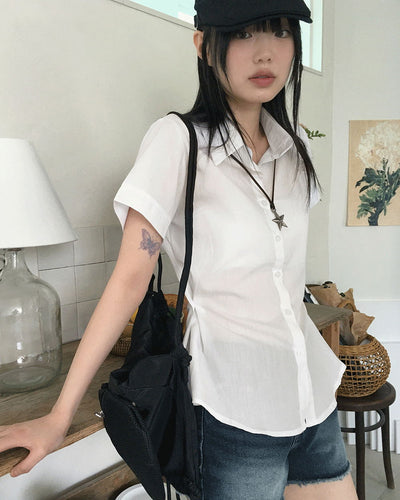 Volva two-way button slim short-sleeved shirt