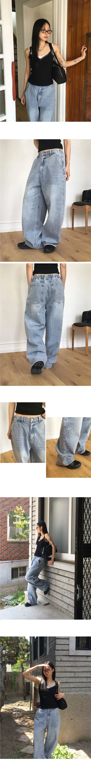 Betz light Faded back banding denim long wide pants