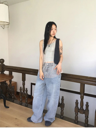 Betz light Faded back banding denim long wide pants
