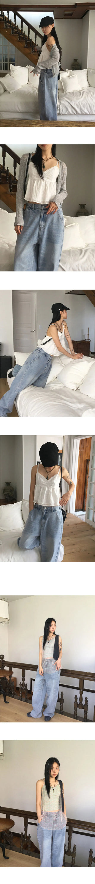 Betz light Faded back banding denim long wide pants