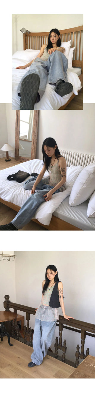 Betz light Faded back banding denim long wide pants