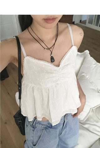 Nipim Vintage Flower Punching Strap Adjustable Layered V-Neck Blouse Sleeveless