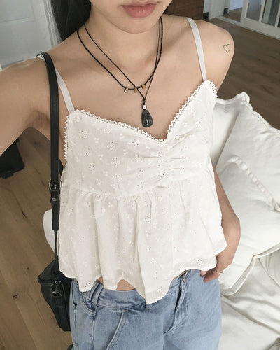 Nipim Vintage Flower Punching Strap Adjustable Layered V-Neck Blouse Sleeveless