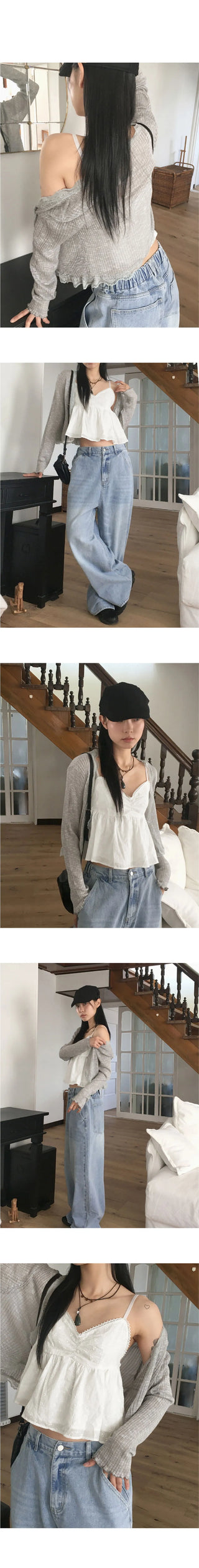 Lunan frill lace Ribbed wave see-through one button long sleeve cardigan