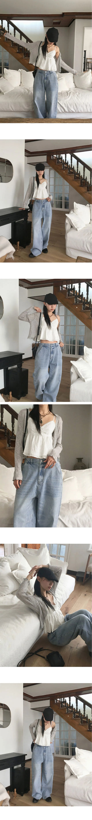 Lunan frill lace Ribbed wave see-through one button long sleeve cardigan
