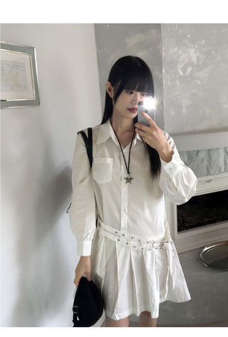 Sawzen eyelet belt pleated shirt mini Dress