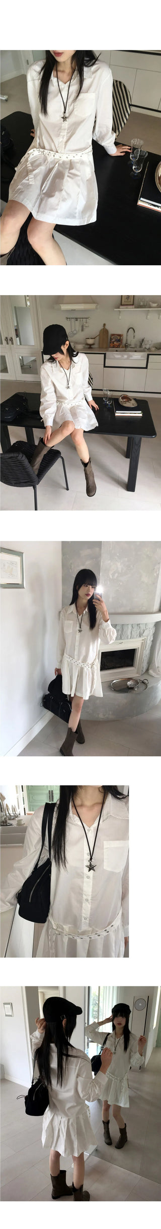 Sawzen eyelet belt pleated shirt mini Dress