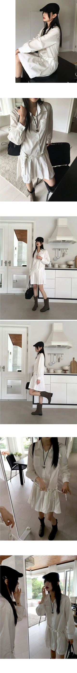 Sawzen eyelet belt pleated shirt mini Dress