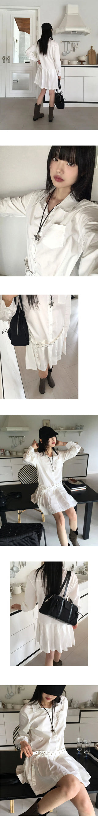 Sawzen eyelet belt pleated shirt mini Dress