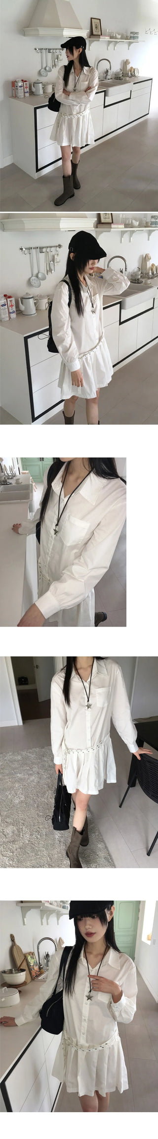 Sawzen eyelet belt pleated shirt mini Dress