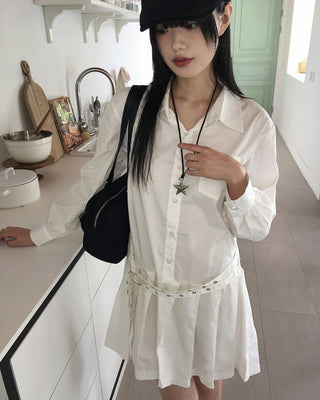 Sawzen eyelet belt pleated shirt mini Dress