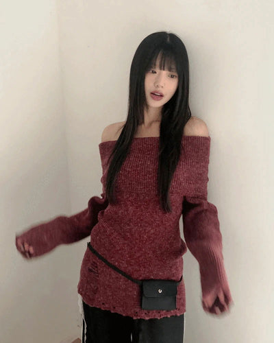 Smin Wool Mohair Fold Off-Shoulder Knitwear