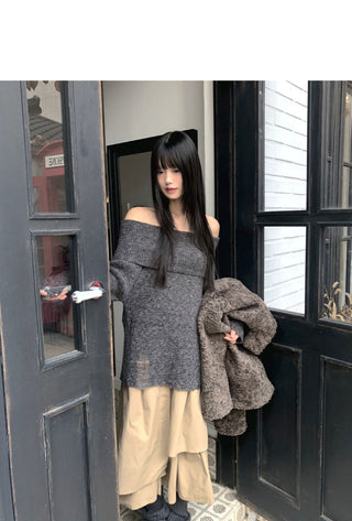 Smin Wool Mohair Fold Off-Shoulder Knitwear