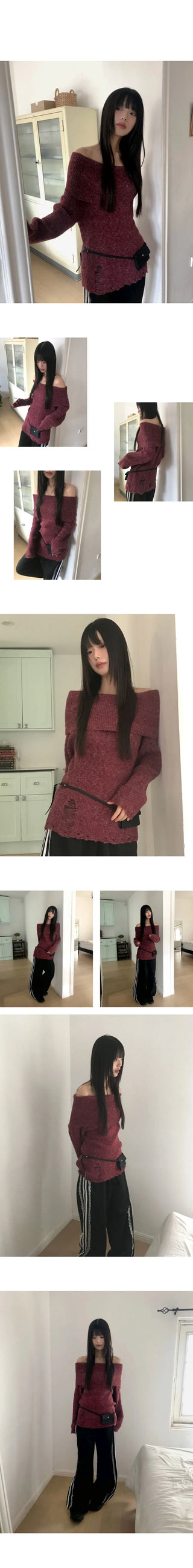 Smin Wool Mohair Fold Off-Shoulder Knitwear