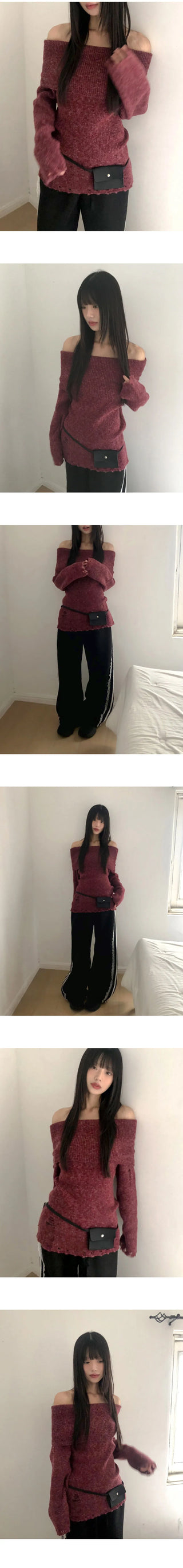 Smin Wool Mohair Fold Off-Shoulder Knitwear