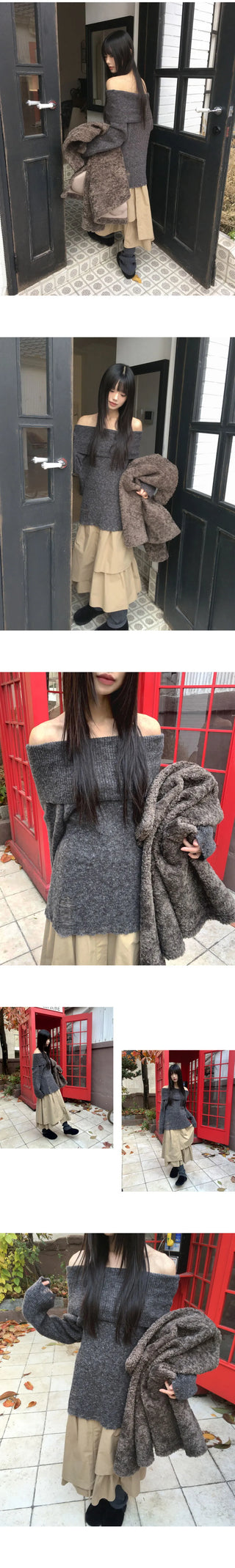 Smin Wool Mohair Fold Off-Shoulder Knitwear