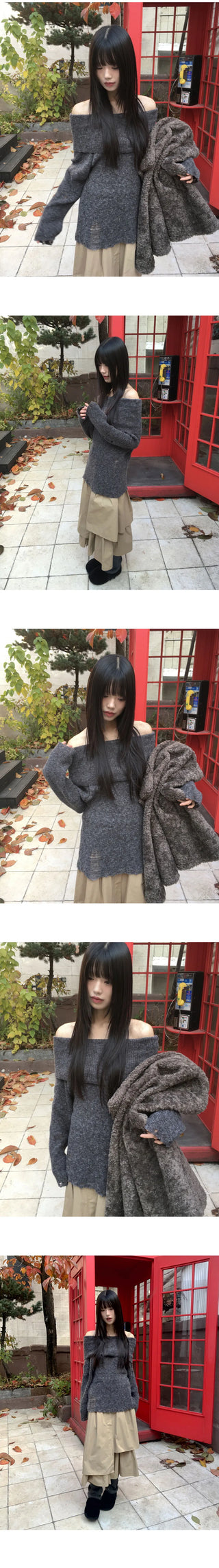 Smin Wool Mohair Fold Off-Shoulder Knitwear