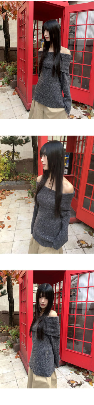 Smin Wool Mohair Fold Off-Shoulder Knitwear