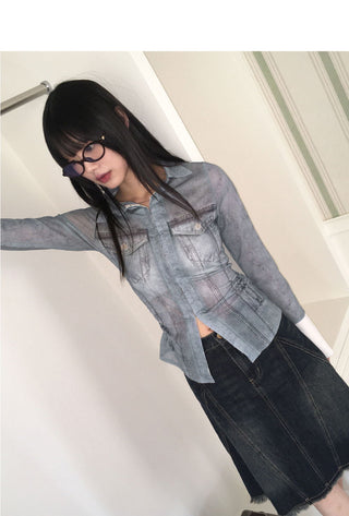 Kerrville mesh fake denim printing see-through color combination hook cardigan