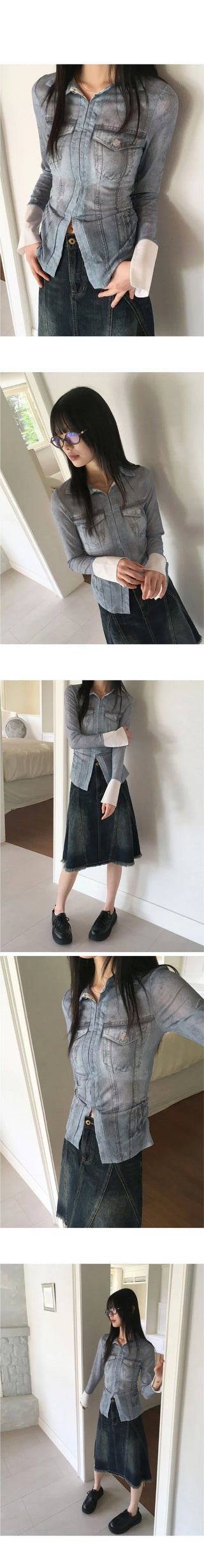Kerrville mesh fake denim printing see-through color combination hook cardigan