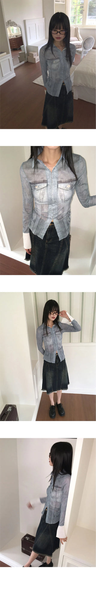 Kerrville mesh fake denim printing see-through color combination hook cardigan