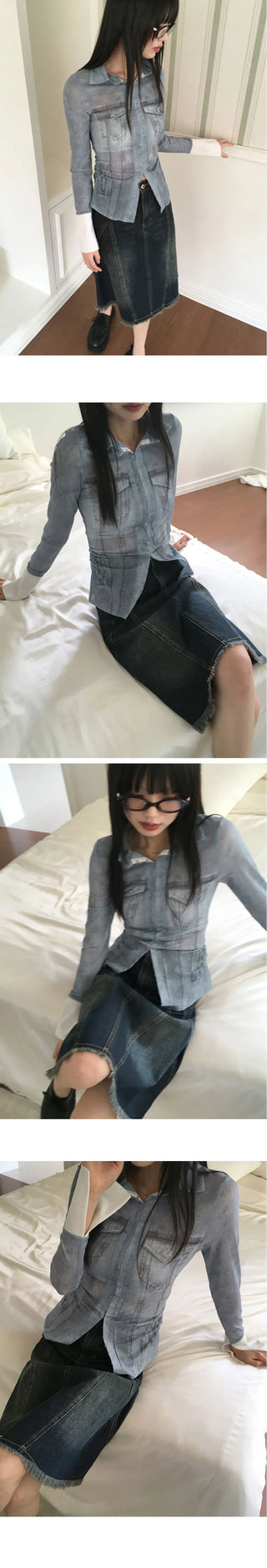 Kerrville mesh fake denim printing see-through color combination hook cardigan