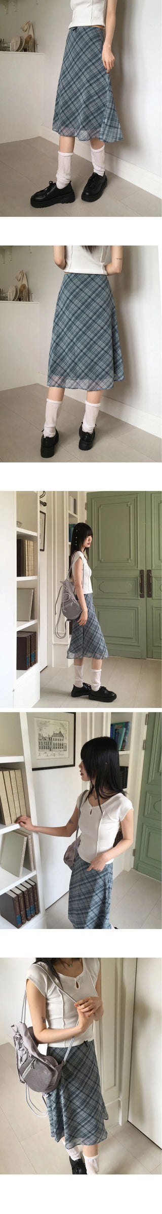 Kibel Geek Chic Ribbon Check Chiffon Midi Skirt