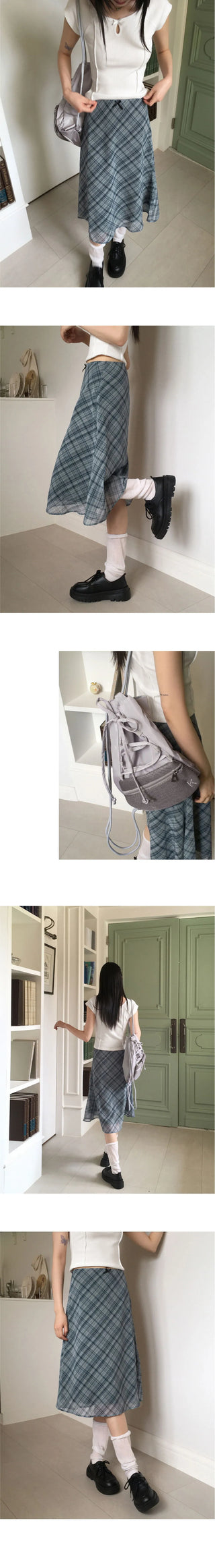 Kibel Geek Chic Ribbon Check Chiffon Midi Skirt