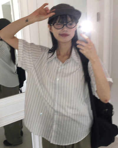 Index striped roll-up collar short-sleeved shirt