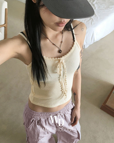 Queenie Vintage Lace Ribbon Ribbed Crop Sleeveless