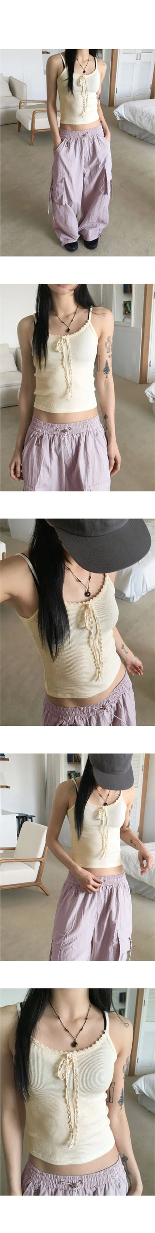 Queenie Vintage Lace Ribbon Ribbed Crop Sleeveless