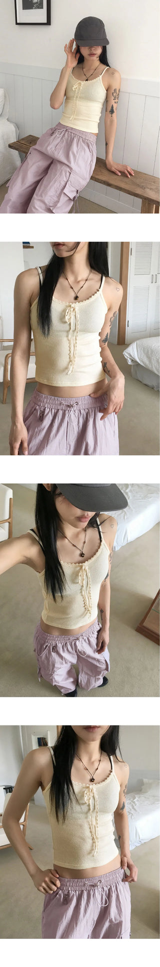 Queenie Vintage Lace Ribbon Ribbed Crop Sleeveless