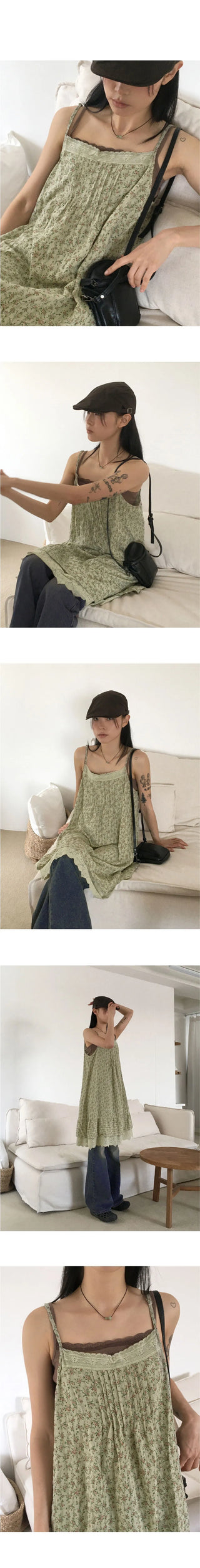 Dochi Vintage Flower Lace Strap Adjustable Pintuck Layered Sleeveless Long Dress